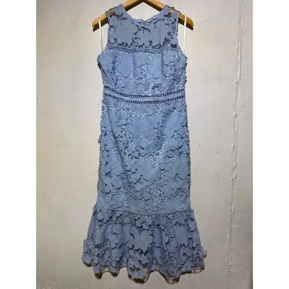 Just Me Womens L Blue Guipure Lace Midi Dress Mermaid Hem Cocktail Regencycore